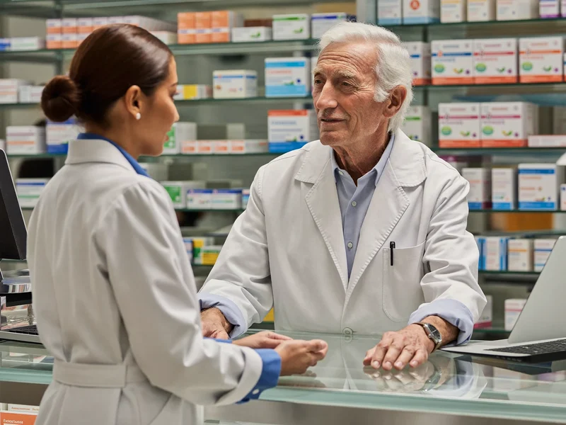 Un uomo anziano dialoga con un farmacista al banco di una farmacia.
