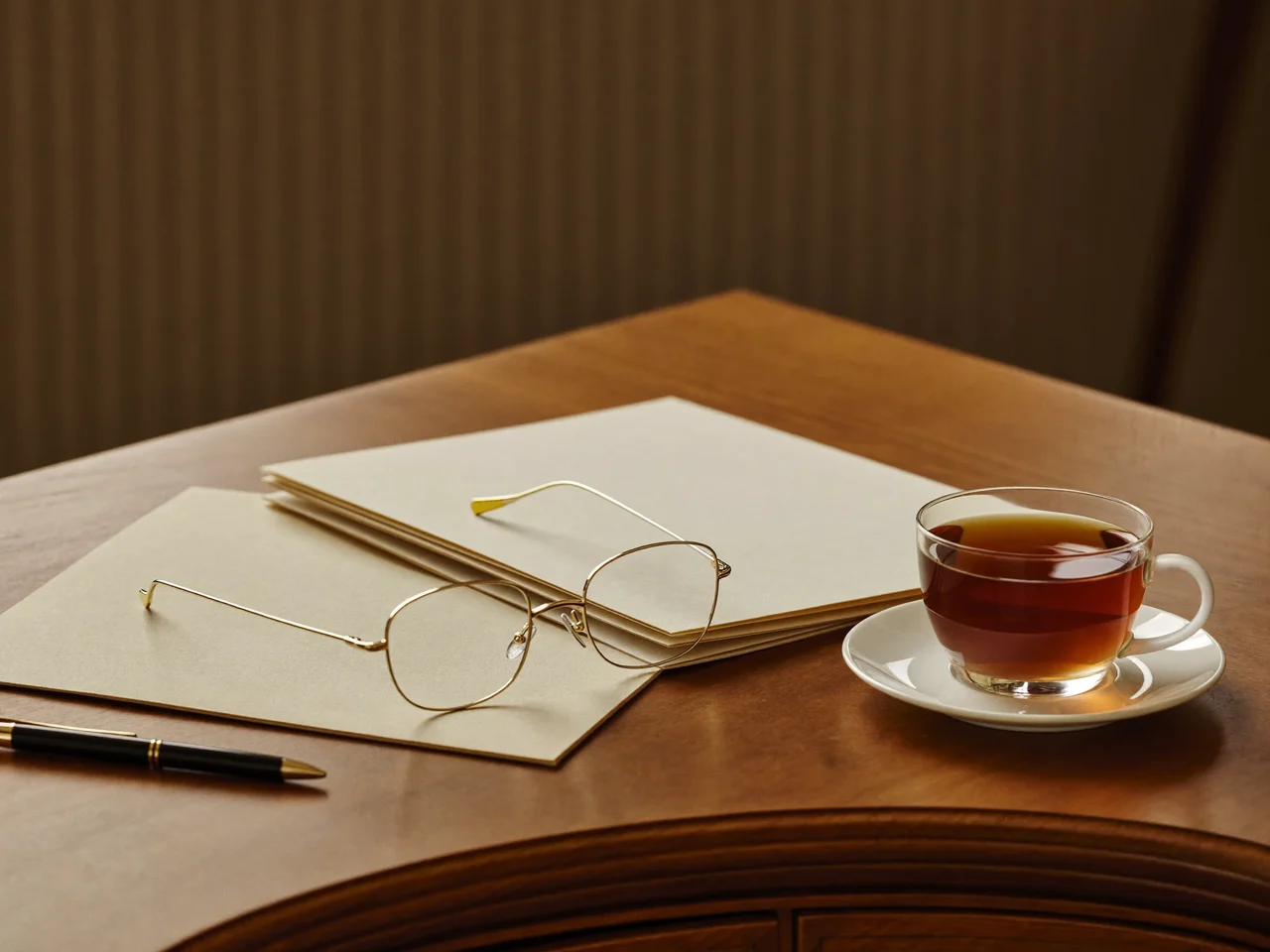 Scrivania ordinata con cartelline vuote, occhiali da lettura, penna e una tazza di tè.